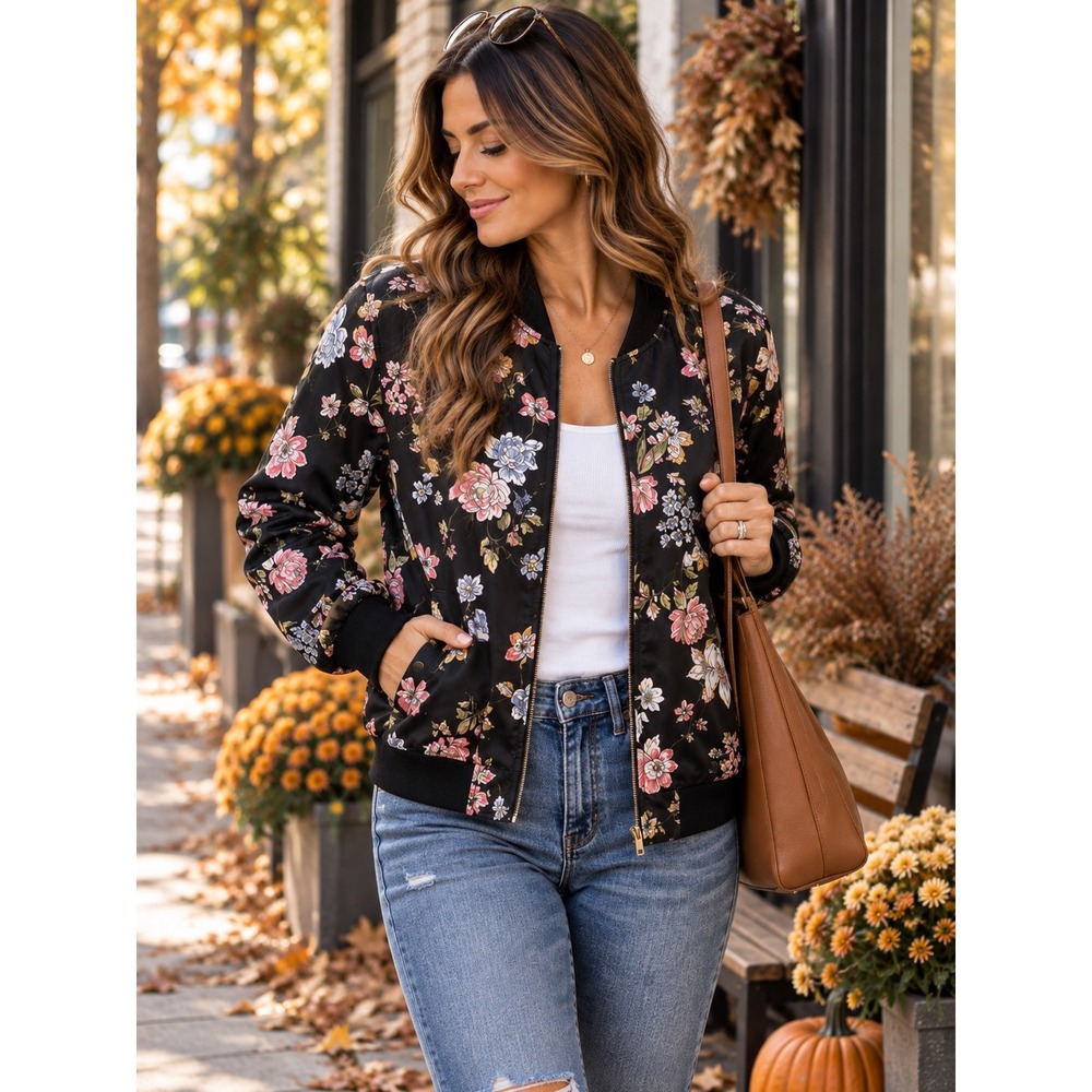 Pink Rose Floral Bomber Jacket Women S Black Y2K Zip Up Fall Lightweight